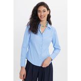 Tudors Kadın Slim Fit Dar Kesim Uzun Kollu Çizgili Mavi Gömlek, 2XL
