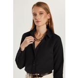 Tudors Kadın Slim Fit Dar Kesim Uzun Kollu Pamuklu Vücuda Oturan Dokulu Siyah Basic Gömlek