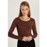 Tudors Kadın Slim Fit Dar Kesim Uzun Kollu Viskon Kahverengi Bluz