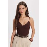 Tudors Kadın Slim Fit Dar Kesim V Yaka Askılı Kahverengi Bluz