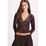 Tudors Kadın Slim Fit Dar Kesim V Yaka Uzun Kollu Dantel Detaylı Kahverengi Bluz
