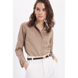 Tudors Kadın Slim Fit Dar Kesim Vucüda Oturan Uzun Kollu Gizli Düğme Detaylı Koyu Vizon Basic Gömlek-41568 Koyu Vizon