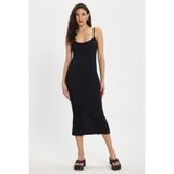 Tudors Kadın Slim Fit Vücuda Oturan Askılı Likralı Midi Boy Siyah Elbise, XS Beden