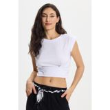 Tudors Kadın Slim Fit%100 Pamuk Pileli Beyaz Bisiklet Yaka Crop Bluz