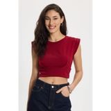 Tudors Kadın Slim Fit%100 Pamuk Pileli Bordo Bisiklet Yaka Crop Bluz, M Beden