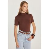 Tudors Kadın Standart Fit Kısa Kollu Yarım Balıkçı Yaka Kahverengi Bluz - 2XL