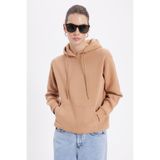 TUDORS Kapüşonlu Relax Fit Pamuklu Kanguru Cepli Sweatshirt, M, SW250024-52, Vizon, kadın