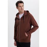TUDORS Kapüşonlu Sweatshirt Relax Fit Pamuklu İçi Polarlı Çift Cepli Tam Fermuarlı, S, SW250033, Kahverengi, erkek
