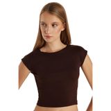 TUDORS Modal Kumaş Slim Fit Dar Kesim Kısa Kollu Bisiklet Yaka Bluz, L, KDN25159, Kahverengi, Kadın