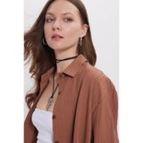 TUDORS Oversize Geniş Kesim Uzun Kollu Dokulu Gömlek, M-L, BYGM2547, Kahverengi, Kadın