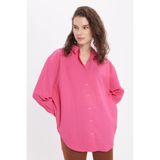 TUDORS Oversize Geniş Kesim Uzun Kollu Dokulu Gömlek, M-L, BYGM2547, Pembe, Kadın
