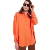 TUDORS Oversize Geniş Kesim Uzun Kollu Dokulu Gömlek, M-L, BYGM2547, Turuncu, Kadın
