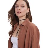 TUDORS Oversize Geniş Kesim Uzun Kollu Dokulu Gömlek, XS-S, BYGM2547, Kahverengi, Kadın