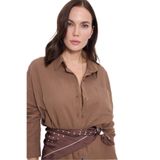 TUDORS Oversize Geniş Kesim%100 Pamuk Müslin Kumaş Uzun Kollu Cepli Gömlek, L, BYGM2551-11, Kahverengi, Kadın