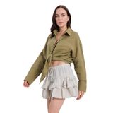 TUDORS Oversize Geniş Kesim%100 Pamuk Müslin Kumaş Uzun Kollu Cepli Gömlek, S, BYGM2551, Haki, Kadın