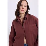 TUDORS Oversize Geniş Kesim%100 Pamuk Müslin Kumaş Uzun Kollu Cepli Gömlek, S, BYGM2551, Kahverengi, Kadın
