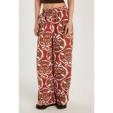 TUDORS Regular Fit Beli Bağcıklı Geniş Paça Baskılı Pantolon, 40, KDN25221, Kahve - Bordo, Kadın
