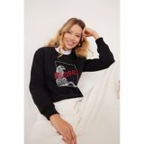 TUDORS Regular Fit Bisiklet Yaka Baskılı Sweatshirt, M, SW250011, Siyah, kadın
