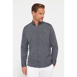TUDORS Regular Fit Klasik Kesim Düğmeli Yaka Pamuklu Kolay Ütü Çizgili Gömlek, M, KL220029-250, Lacivert Çizgili, Erkek