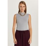 TUDORS Regular Fit Klasik Kesim Viskon Kumaş Balıkçı Yaka Sıfır Kol Bluz, M, BYGM2542, Açık Gri, Kadın