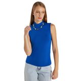TUDORS Regular Fit Klasik Kesim Viskon Kumaş Balıkçı Yaka Sıfır Kol Bluz, M, BYGM2542, Mavi, Kadın