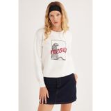 TUDORS Regular Fit Klasik Kesim%100 Pamuk Baskılı Bisiklet Yaka Sweatshirt, S, SW250011, Beyaz, kadın
