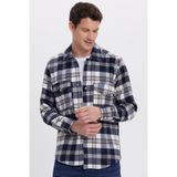 TUDORS Regular Fit Rahat Kesim Kışlık Kareli Çift Cepli Çıtçıtlı Gömlek, L, RG250018, Lacivert-Krem, Erkek