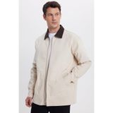 TUDORS Relax Fit Gabardin Fermuarlı Kanguru Cepli Kontrast Yaka Gömlek Ceket, L, RF250070-02, Bej, Erkek