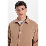 TUDORS Relax Fit Gabardin Likralı Yandan Cepli Ceket Gömlek, M, RF240047, Taş, Erkek