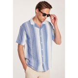 Tudors Relax Fit Oversize Çizgili Keten Efekt Erkek Gömlek, Mavi Beyaz, XL