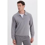 TUDORS Relax Fit Pamuklu 3 İplik Fermuarlı Polo Yaka Sweatshirt, L, SW250037, Gri, erkek