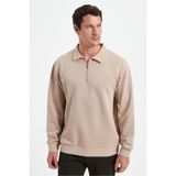 TUDORS Relax Fit Pamuklu 3 İplik Fermuarlı Polo Yaka Sweatshirt, M, SW250037, Taş, erkek