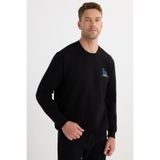 TUDORS Relax Fit Pamuklu Bisiklet Yaka İçi Polarlı Baskılı Sweatshirt, XL, SW250004, Siyah, erkek