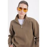 TUDORS Relax Fit Pamuklu İçi Polarlı Yarım Fermuarlı Sweatshirt, L, SW240016-DG01, Haki, kadın