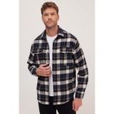 TUDORS Relax Fit Rahat Kesim Çift Cep Kapaklı Kışlık Oduncu Kareli Gömlek, S, RF250067, Lacivert - Beyaz, Erkek
