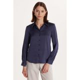 TUDORS Relax Fit Rahat Kesim Satenli Kumaş Kare Manşet Düz Gömlek, S, RF240043-02, Lacivert, Kadın