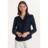 TUDORS Relax Fit Rahat Kesim Satenli Kumaş Uzun Manşet Düz Gömlek, L, RF240040-01, Lacivert, Kadın