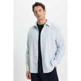 TUDORS Relax Fit Spor Yaka Çizgili Oduncu Gömlek, L, RF250080, Mavi, Erkek