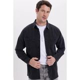 Tudors Relax Fıt Uzun Kollu Çift Cep Eskitmeli Siyah Denim Erkek Siyah Gömlek - 2XL
