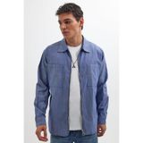 TUDORS Relax Fit Uzun Kollu Denim Gömlek Çift Cep Fermuarlı, M, RF220031-950, Mavi, Erkek