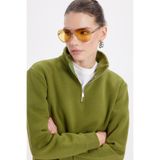 TUDORS Relax Fit Yarım Fermuarlı Pamuklu İçi Polarlı Sweatshirt, S, SW240016-AB5, Haki, kadın
