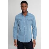 Tudors Slim Fit Çift Cep Kapaklı Parça Dikişli Denim Erkek Mavi Gömlek