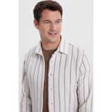 TUDORS Slim Fit Dar Kesim Çizgili Oduncu Gömlek, M, DR250027, Ekru-Kahve, Erkek