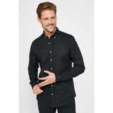 Tudors Slim Fit Dar Kesim Düğmeli Yaka Oxford Doku Pamuk Siyah Erkek Gömlek