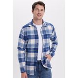 TUDORS Slim Fit Dar Kesim Kareli Kışlık Oduncu Gömlek, M, DR250028, Mavi-Beyaz, Erkek
