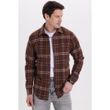 TUDORS Slim Fit Dar Kesim Kareli Kışlık Oduncu Gömlek, S, DR250028, Kahverengi, Erkek