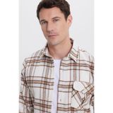 TUDORS Slim Fit Dar Kesim Kareli Tek Cepli Oduncu Gömlek, L, DR250023, Krem, Erkek