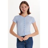 TUDORS Slim Fit Dar Kesim Kısa Kollu Bisiklet Yaka Düğmeli Bluz, S, BYKZ2503, Mavi, Kadın