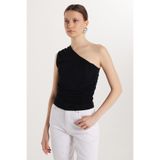 TUDORS Slim Fit Dar Kesim Omzu Açık Bluz, M, KDN25197, Siyah, Kadın