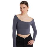 TUDORS Slim Fit Dar Kesim Pamuklu Kayık Yaka Bluz, L, KDN25274, Antrasit, Kadın